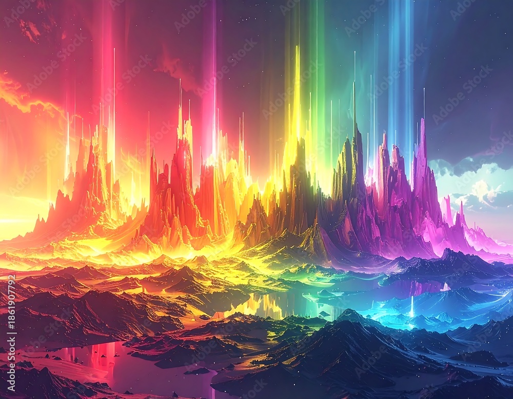 Obraz premium Surreal digital art of a mountain range with vibrant rainbow light