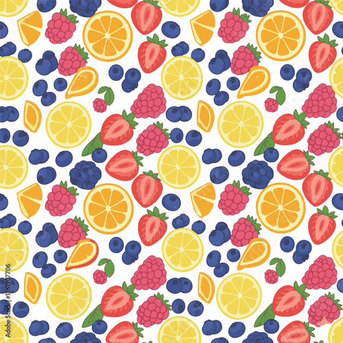 Colorful Fruit Pattern with Berries and Citrus