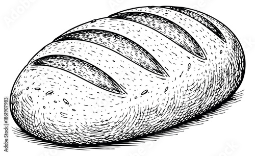 Hand drawn line art illustration of a loaf of bread depicting a freshly baked whole loaf for food and bakery concepts