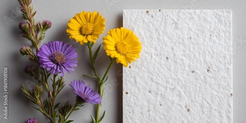 A blank, eco-friendly seeded paper card mockup (with visible seeds), next to a few stems of bright yellow feverfew and purple aster