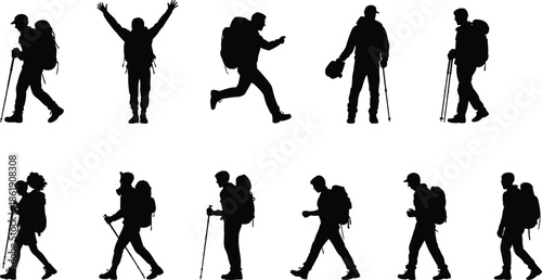 Hiking, trekking, people, silhouette, backpacker, outdoor, traveler, adventure, mountain, nature, exploration, walking, camping, journey, recreation, tourism, sporty, activity, vector, design