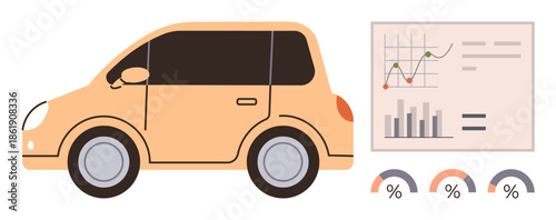 Compact car alongside analytical dashboard showcasing graphs, bar charts, and percentage indicators. Ideal for automotive analytics, finance, performance, efficiency, planning, research business
