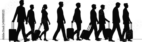 Business,travel,people,silhouettes,walking,with,luggage,airport,commuters,tourists,men,and,women,trip,journey,city,travelers,vector,illustration,set