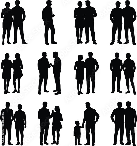 People standing together silhouettes, men women couples interaction, business and social relationships, teamwork communication concept, isolated black figures