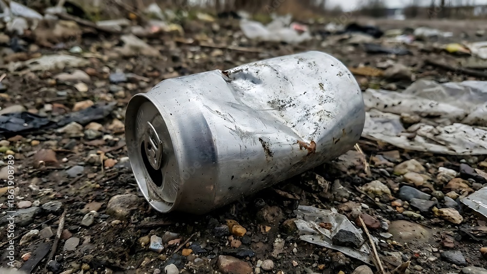Fototapeta premium Discarded aluminum beverage container lying on a gravelly, debris-strewn surface