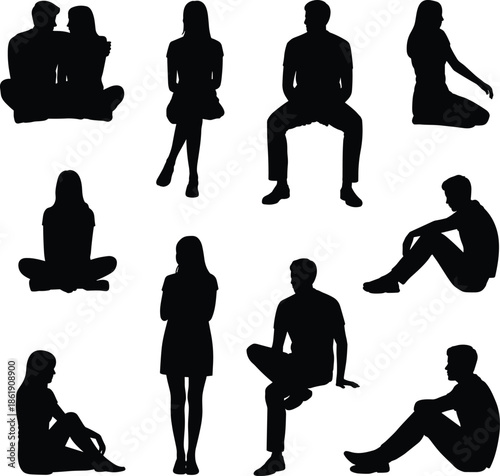 Sitting, people, silhouettes, men, women, casual, relaxed, posture, floor, chair, outline, calm, lifestyle, peaceful, modern, human, group, black, figures, pose
