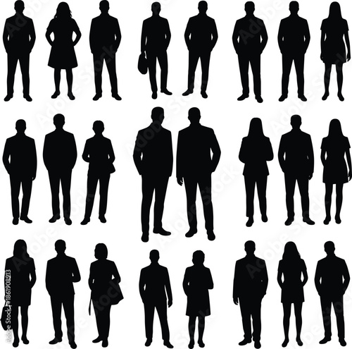 Business people silhouettes, corporate team illustration, professional men and women icons, office worker figures, leadership staff concept, modern company workforce graphic