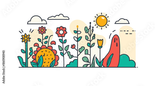 Vector illustration of a spring season element in a flat design style, featuring vibrant and pastel colors, with bold lines and simple shapes, set against a clean