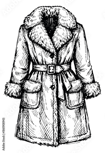 Hand drawn line art illustration of a winter coat depicting a fur collar and belted design for cold weather fashion