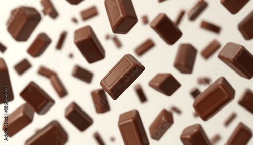 A collection of chocolate pieces floating in mid-air against a clean background