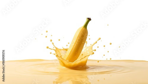 A banana splashing into a pool of creamy banana milk with a splash of liquid and droplets flying everywhere