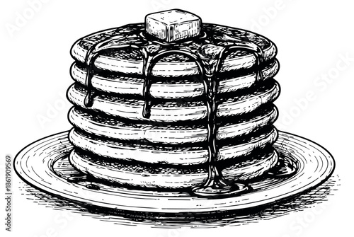 Hand drawn line art illustration of a stack of pancakes depicting syrup and butter for a breakfast menu