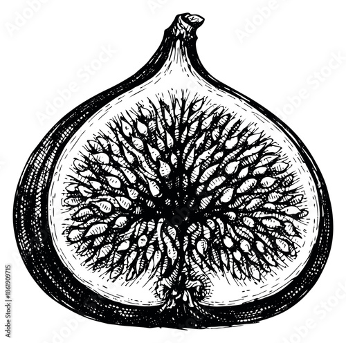 Hand drawn line art illustration of a fig depicting a halved fruit for healthy food concepts