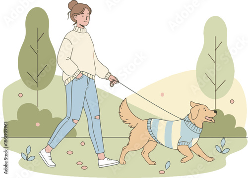 Young woman walking her golden retriever in a park at sunset flat vector illustration