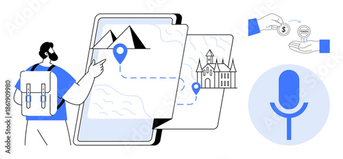 Travel, navigation apps, digital payments, tourism, mobile planning, voice commands. A backpacker points at a digital map, showing landmarks and locations. Travel and navigation apps concept