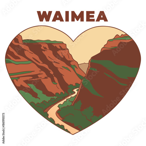 Waimea Canyon Red Rock Landscape Heart Shaped Vector Illustration