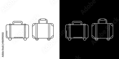 Set of minimalist linear suitcase icons, perfect for travel and vacation planning applications. Two luggage outlines presented on contrasting white and black backgrounds