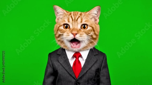 A surprised ginger cat dressed in a formal suit and red tie, looking like a presenter, on a green screen background for easy editing