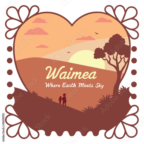 Waimea Sunset Silhouette with Couple and Tree Heart Frame Vector