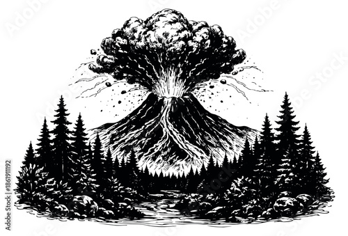 Hand drawn line art illustration of a volcano depicting an explosive eruption with surrounding forest for environmental or geological concepts