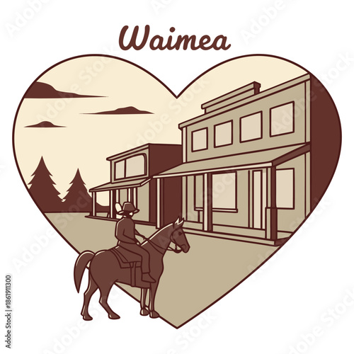 Waimea Cowboy Silhouette in Heart Shape Vintage Western Style Illustration