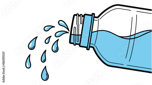 Vector illustration of a clear plastic water bottle pouring out fresh blue liquid droplets, isolated clean line art style for hydration health and environmental sustainability concepts
