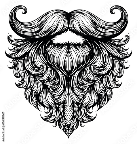 Hand drawn line art illustration of a vintage beard and mustache depicting intricate curly facial hair for men's fashion