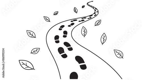 Vector line art illustration of a walking path with footsteps and fallen leaves, black and white linear sketch symbolizing hiking trail outdoor adventure and nature exploration journey