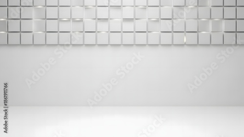 An abstract white wall composed of numerous square modules with a bright illuminated base
