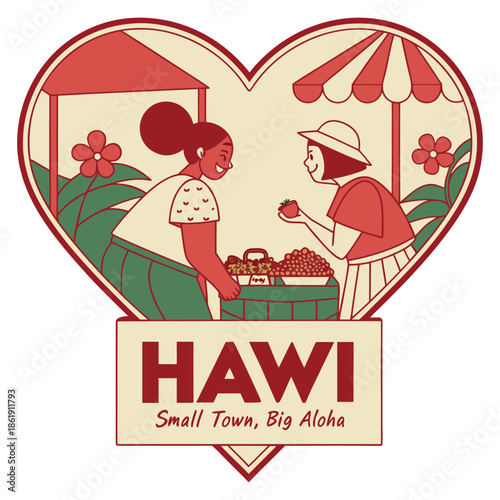 Hawi Hawaii Farmers Market Scene with Women Buying Fresh Fruit Vector Heart Badge