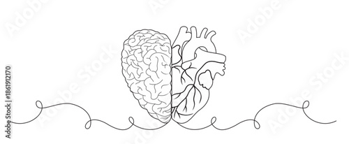 Hand drawn line drawing of a beating half of a human brain and heart. Grunge sketch tattoo design isolated on a white background, vector illustration. Concept of prioritizing logic and emotions.