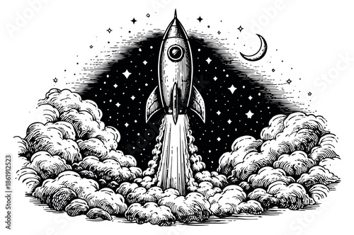 Vintage hand drawn illustration of a rocket depicting a launch into space for business and success concepts