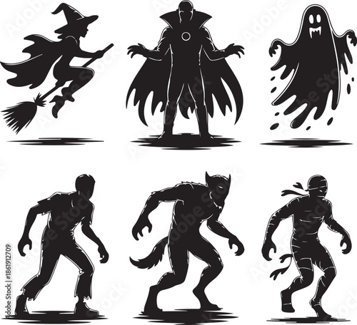 Black silhouettes of various Halloween characters on white background