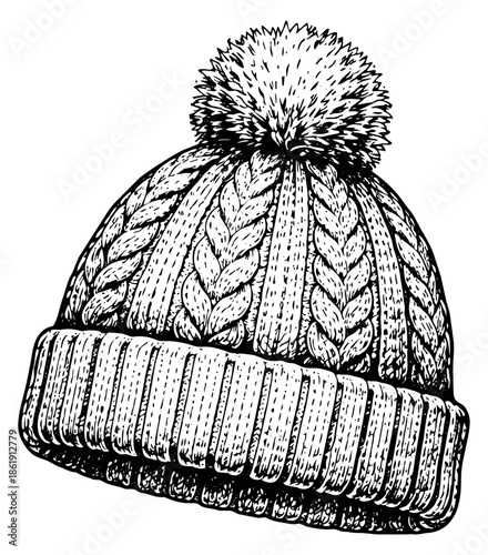 Hand drawn line art illustration of a winter hat with pompom depicting cozy fashion for cold weather