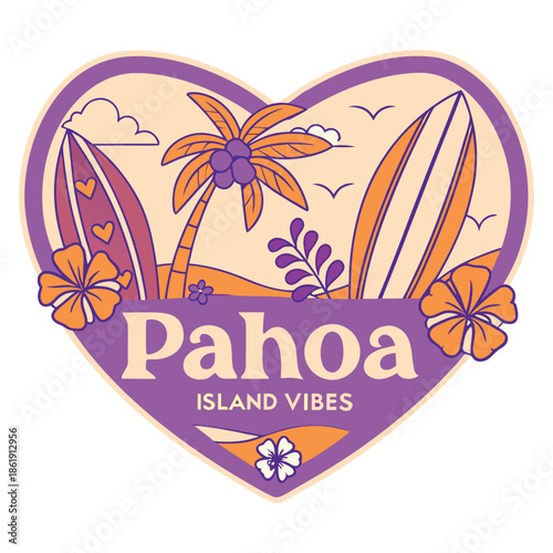 Heart Shaped Pahoa Surfing Emblem with Boards and Tropical Flowers