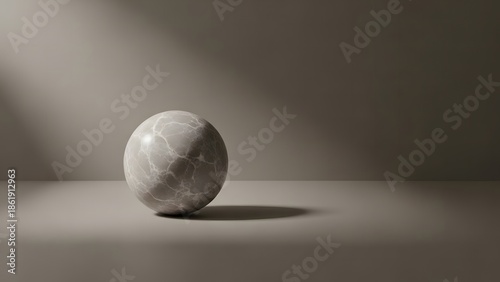 A single polished marble egg rests on a smooth surface illuminated by dramatic studio lighting and casting a soft shadow