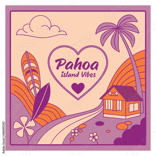 Pahoa Island Vibes Square Illustration with Cottage and Winding Road