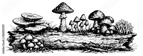 Hand drawn line art illustration of forest fungi depicting various mushrooms growing on a decaying log for rustic nature designs