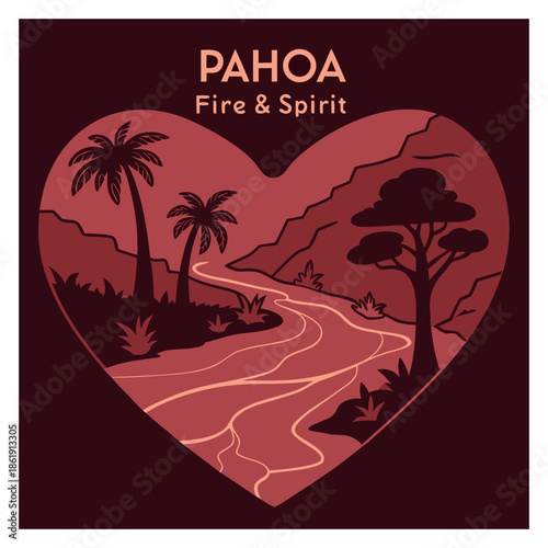 Heart Shaped Pahoa Hawaii Illustration Featuring Red Lava Landscape