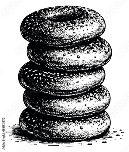 Hand drawn line art bagel set featuring stacked sesame bagels for bakery branding and breakfast menus
