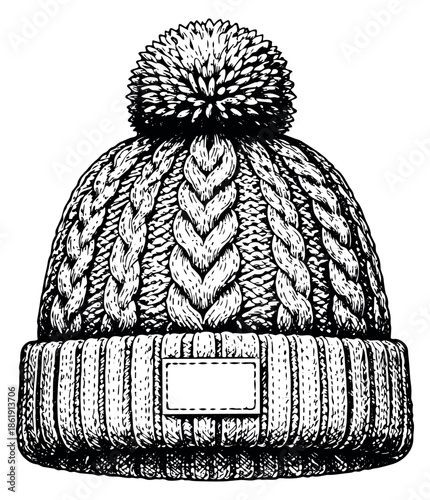 Hand drawn line art illustration of a winter hat with a pompom depicting knitted texture and a blank label for winter apparel and fashion designs