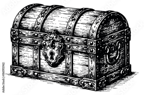 Hand drawn illustration of a vintage treasure chest depicting an ornate lock for adventure concepts