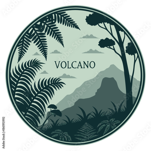Round Tropical Jungle Mountain Badge Vector Illustration