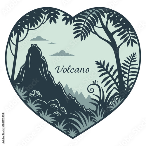 Monochrome Jungle Volcano Heart Frame Vector Illustration