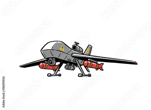 Cartoon Military Drone.Armed UAV Predator Vector.Attack Aircraft Illustration.War Technology Icon.Unmanned Aerial Vehicle