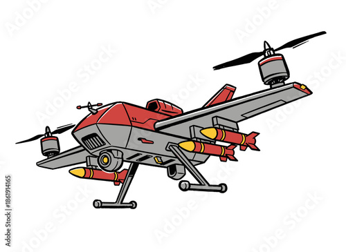 Armed Combat Drone.Military UAV Vector.Cartoon Attack Aircraft.Weaponized Quadcopter.Modern War Machine