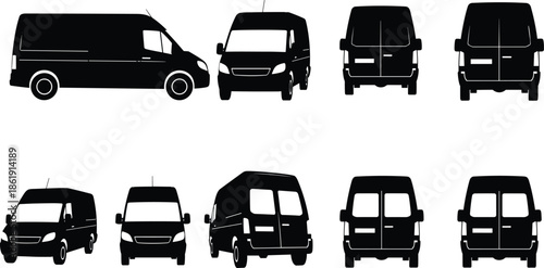 Black cargo van silhouettes from multiple angles including side front and rear views, commercial delivery vehicle vector set for logistics branding