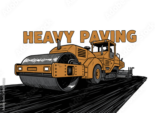 Heavy Paving Illustration.Vintage Road Roller Graphic.Asphalt Compactor Vector Art.Construction Machine Print.Industrial Paving Equipment