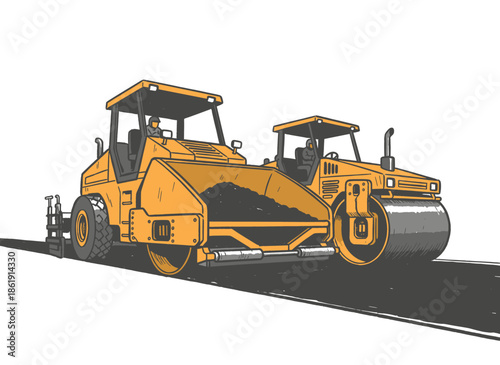 Asphalt Paver Road Roller.Heavy Paving Equipment Art.Construction Machinery Vector.Retro Industrial Illustration.Road Work Engineering Graphic