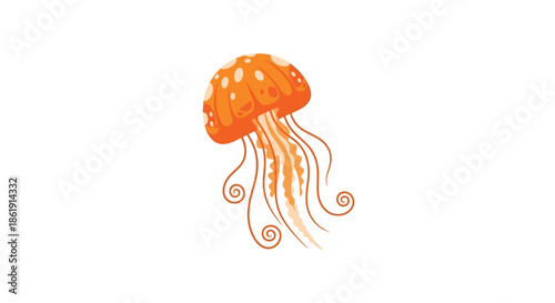 A cute and vibrant cartoon illustration of a swimming orange jellyfish with white spots and curly tentacles isolated on a white background.
